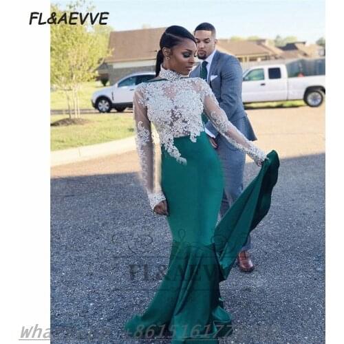 2021 Lace Evening Dress Mermaid Long Sleeves High Neck Lace Up Back Floor Length Black Girls Evening Party Gowns