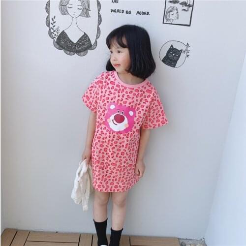 Summer DISNEY Dress Kids Cute Lotso Short-sleeved Dress Clothes Kawaii Anime Strawberry Bear Lotso Dreses For Girl Kids