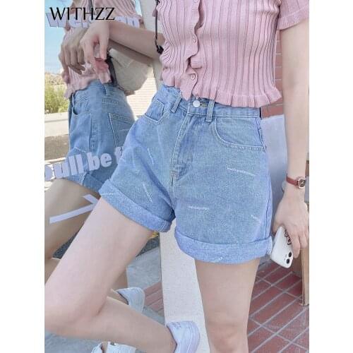 WITHZZ Summer Womens Loose Embroidery Cuffs Straight Jeans Female Thin Denim Shorts