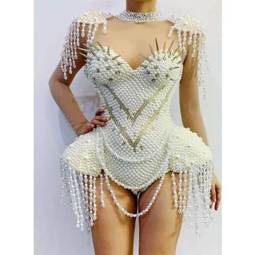New Fashion Rhinestones Pearls Bodysuit Sexy Stretch Dance Leotard Costume Performance Party Celebrate Stage Show Stones Wear