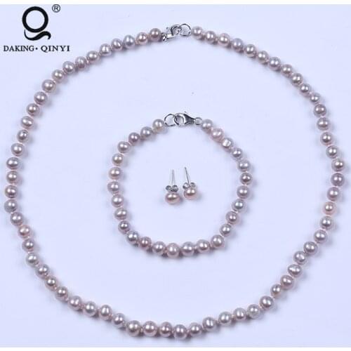 925 Sterling Silver Earring Jewelry,African Fashion Simple Pink Pearl Necklace Set