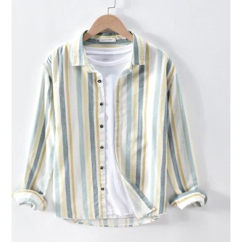 Men Colorful Striped Long Sleeve Lapel Shirt Japan High Quality Harajuku Style Cotton Linen Smart Casual Blouse Simple Tops Male