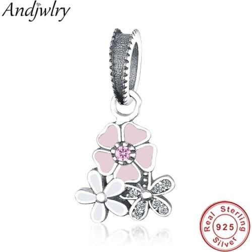 Fit Original Pandora Charm Bracelet 925 Sterling Sliver Charms Flower Pink Enamel Pendant Beads for DIY Jewelry Making Berloque