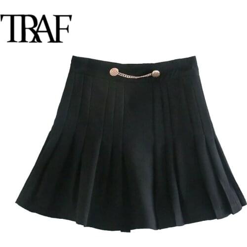 TRAF Women Chic Fashion With Chain Pleated Bermuda Shorts Skirts Vintage High Waist Back Zipper Female Skirts Mujer