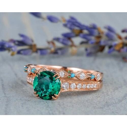Exquisite Rose Gold Color Green Gems Bridal Ring Set Round Cut Crystal Zircon Women Engagement Jewelry Set Trendy Lover Gifts