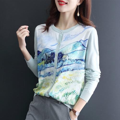 Knitted Cardigan Womens Sweater Spring 2021 New Spring And Autumn Loose Chinese Style Printed Womens Top