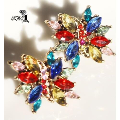 YaYi Jewelry Multi Glass Flower Dangle Women Ancient Gold Color Wear Ear Band Tassel Wedding Stud Drop Hoop Clip Earrings