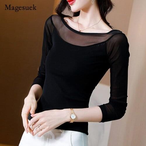 Women 2021 Autumn New Long Sleeve Blouse Off Shoulder Mesh Slicing T-shirt Solid Elegant Slim Tops Female Clothing Blusas 16715