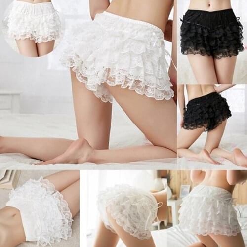 Womens Black/White Ruffle Shorts Sexy Elastic Waist Lace Shorts Casual Bow Shorts Bottoming Culottes Basic Scanties