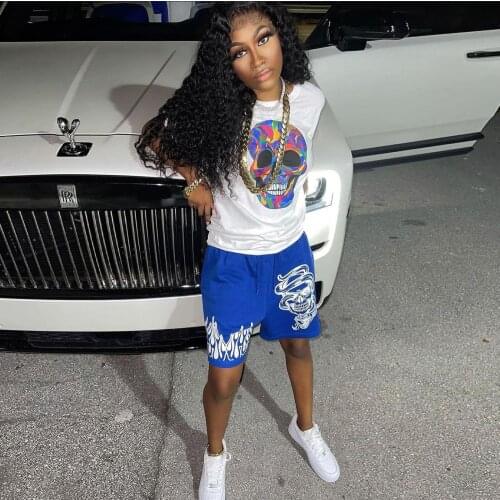 Fashion Skull Print Two Piece Set for Women Lady Round Neck Short Sleeve T Shirt+drawstring Biker Short Female Loose Tracksuits