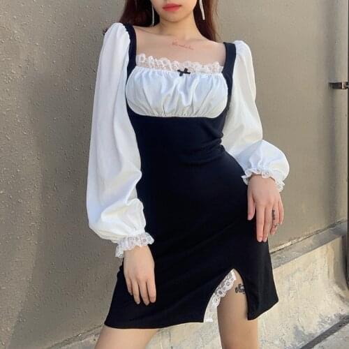 Female black mini hip dress lace bow sexy split bodycon dress ladies Lolita style square collar autumn long sleeve dress vestido