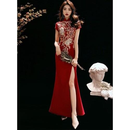 Sexy Embrodiery Applique Split Mermaid Bridesmaid Evening Dress Cheongsam Back Zipper Prom Fomail Gown Vestidos De Noche