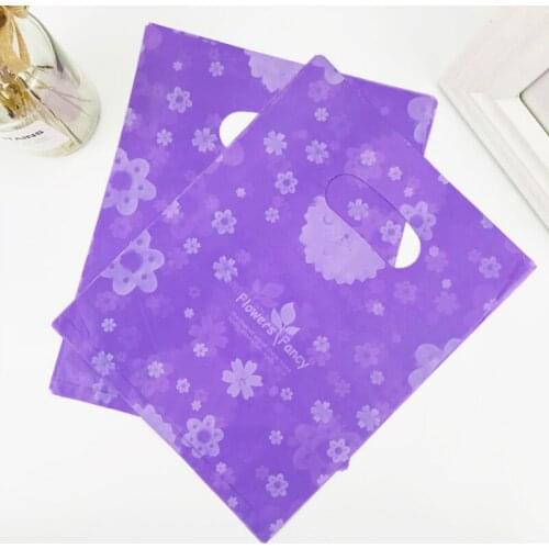 Purple White Flower Plastic Gift Handle Bag Wedding Jewelry Shopping Bag 20X25CM Plastic Gift Bag With Handles For Shops 100pcs