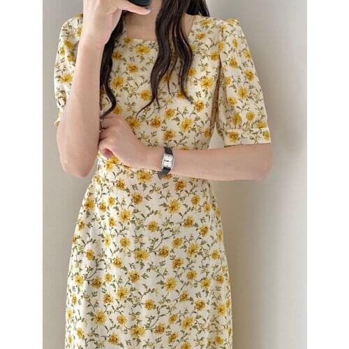 One-Piece Korean Fashion Floral Chiffon Dress 2021 Summer New Elegant Square Neck Short Sleeve Office Ladies Casual Midi Dresses
