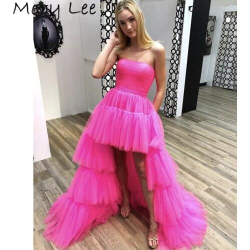 Pink Evening Dresses Strapless Sleeveless Hi-Lo Soft Tulle Pleated Evening Dresses With Zipper Back vestidos de fiesta de noche