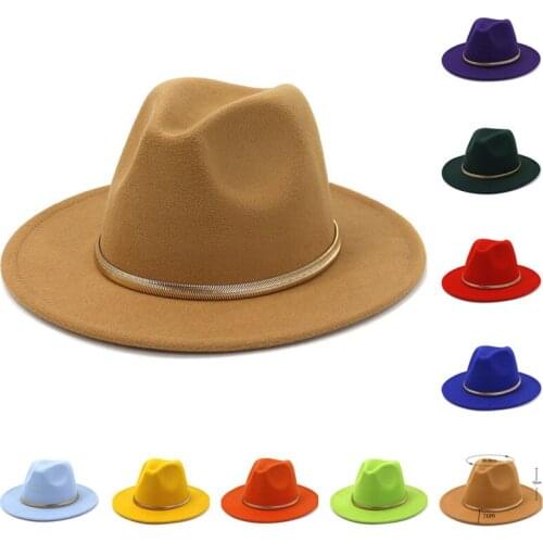 Classic Unisex Solid Color Metal Chain Wool Felt Jazz Fedora Hats Elegant Men Women Wide Brim Panama Trilby Cap wholesale