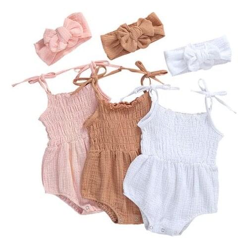 Baby Girls Summer Clothing Infant Newborn Baby Girls Boys Solid Cotton Linen Romper Sleeveless Strap Jumpsuits +Headband