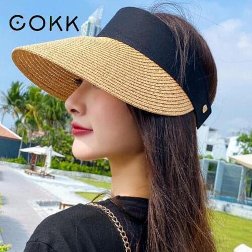 COKK Summer Hat Empty Top Sun Visor Ladies Hats For Women Outdoor Sunhat Beach Hat Female Wide Brim Adjust Sunshade Folding Cap