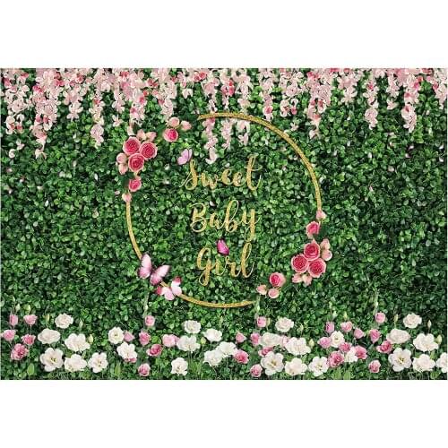 Sweet Baby Girl Shower Backdrop for Party Green Grass Lawn Flowers Background Pink Floral Kids Cake Table Decoration Banner