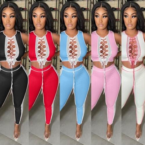 Fashion Panelled Two Piece Set Mesh Bandage Hollow Out Sleeveless Vest Streetwear Casual Pants Matching Suit Women Summer