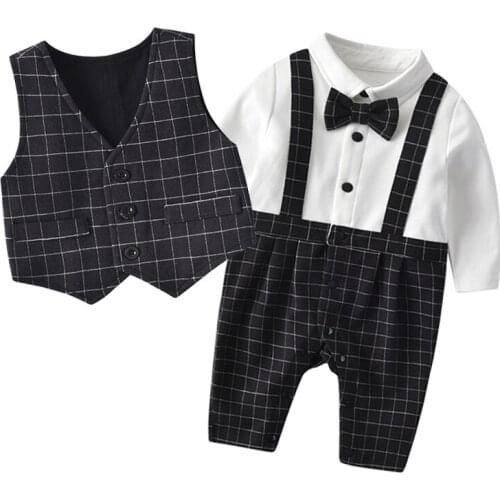 IYEAL Fashion Autumn Infant Clothing Set Kids Baby Boy Suit Gentleman Wedding Formal Plaid Vest Tie Jumpsuits 2Pcs Clothes Sets