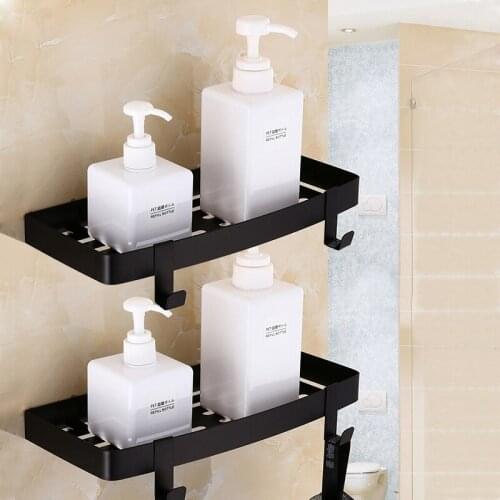Wall Mounted Black Stainless Steel Bathroom Shelf with towel rack and robe hooks Bath Shampoo shelf dual tiers Corner shelf