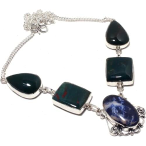 Sodalite,Bloodstone Necklace Silver Overlay over Copper, 50.2 cm ,N4447