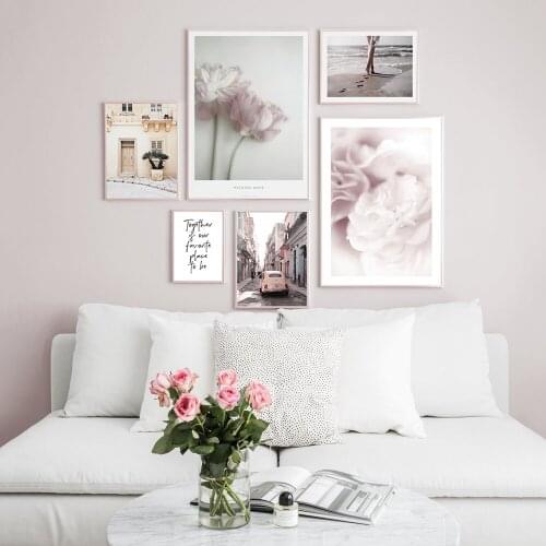 Scandinavian Nature Plant Flower Canvas Painting Nordic Poster Beach Landscape Pink car Print Wall Art Picture Home Decoration