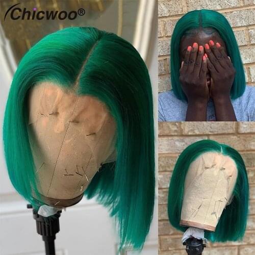 Dark Green Bob Lace Front Wigs Peruvian Remy Hair Transparent Short Bob Human Hair Wigs Bleached Knots Bob Part Lace Wig 180