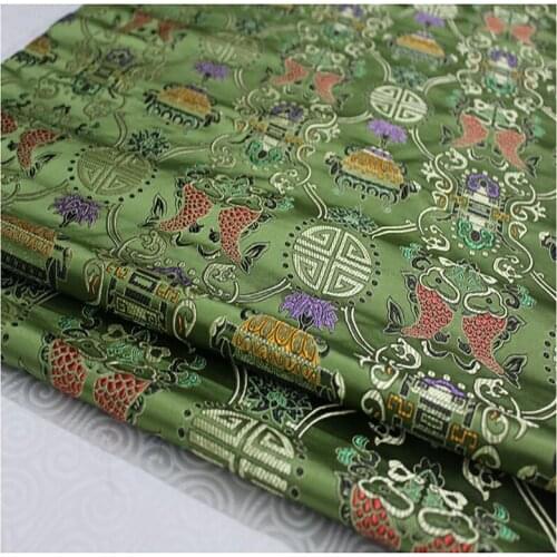 HLQON brocade dual-fish green fabric patchwork felt tissue telas bed sheet cheongsam dress children coat cloth 75cm width