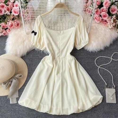 Japanese Style Puff Sleeve Girls Vestidos Women Summer 2021 New Sweet Bow A-Line Holiday Dress Fairy Chiffon Party Mini Dresses
