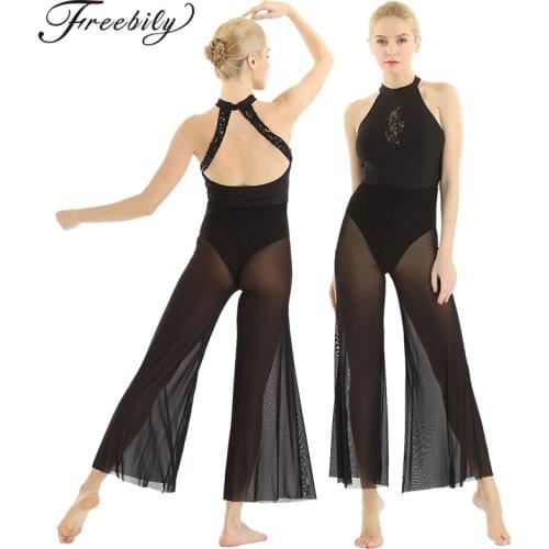 Women Ballet Lyrical Dance Costumes Halter Neck Sleeveless Open Back Sequin Lace Insert Bodice Flare Culottes Ballet Leotards