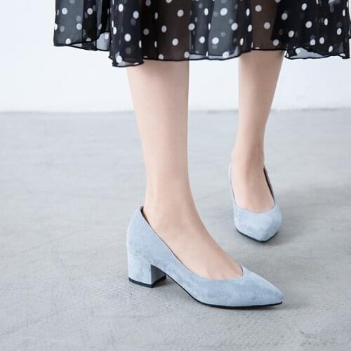 2021 Women Pumps Ladies Thick High Heels Shoes Pointed Toe Suede Work Shoes Slip On High Heels Spring Simple Footwear 32-43