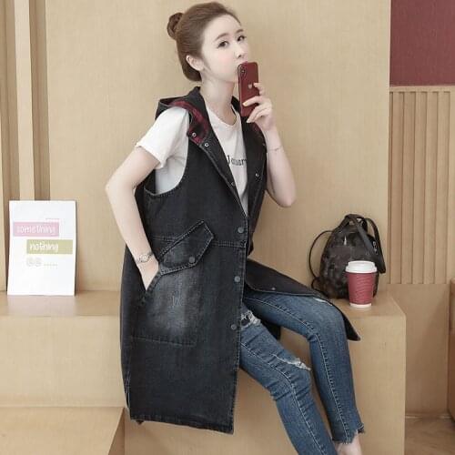 Denim Waistcoat Womens Mid-length 2020 New Autumn Fashion Retro Loose Large Size Color Matching Casual Hooded Vest Jacket