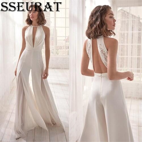 SSEURAT 2021 Summer Elegant Sleeveless Halter Slim Waist Women Jumpsuit Backless Sexy Deep V-neck White Female Jumpsuits