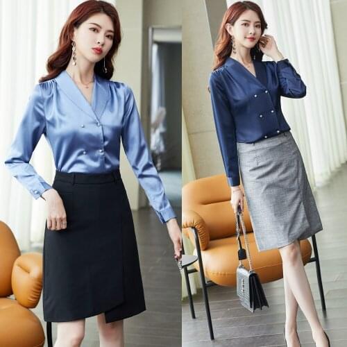 Fashion Women Blouses & Shirts Ladies 2 Piece Skirt and Tops Sets Long Sleeve Work Wear Office Uniform Styles