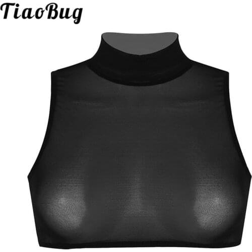 TiaoBug Women Black/White Sheer Mesh See Through Round Neck Sleeveless Crop Top Nightclub Party Festival Rave Sexy Tops Cover-up