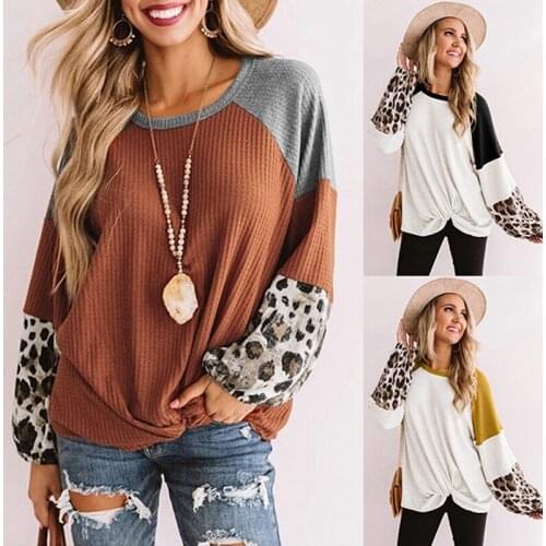 Autumn Womens Pullover Stitching Leopard Print Knitted Long Sleeved Sweater Winter Ladies Knitted O Neck Top