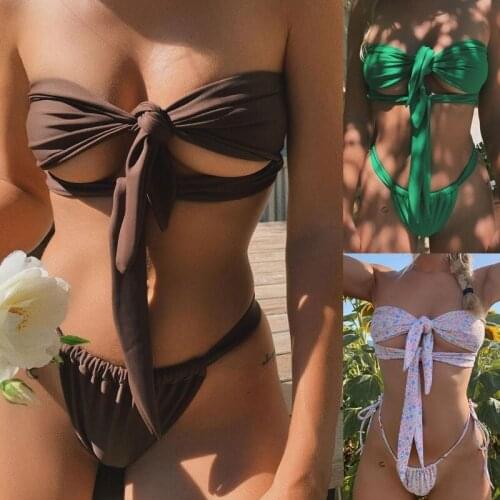 Women Bikini Sexy Hollow Out Strapless Tie Knot Front Bandeau Swimsuit Bikini Side Lace-Up Bandage Thong Bathing Suit