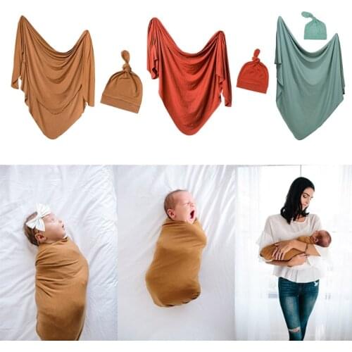 2 Pcs Baby Receiving Blanket Hat Set Sleepsack Swaddle Wrap Tail Knotted Beanies Headwrap Kit for Newborn Infant Props