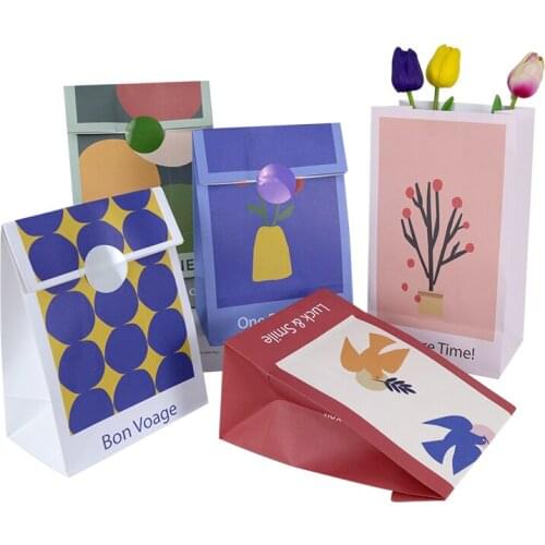 6Pc Flower Polka Dot Print Paper Candy Gift Bag With Round Sticker DIY Birthday Wedding Party Decor Supply Self Seal Dessert Bag