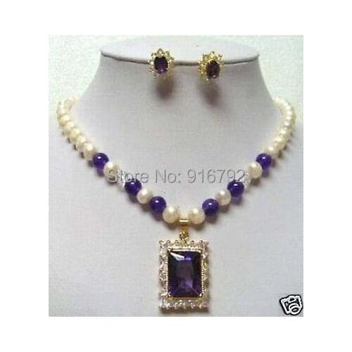 Free P&P >>>>7-8mm Fresh water white Pearl Purple stone pendant Necklace Earring Sets