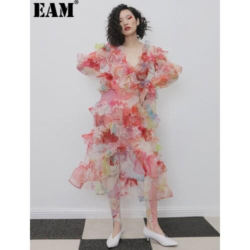 [EAM] Women Pattern Print Organza Perspective Long Dress New V-Neck Long Sleeve Loose Fit Fashion Tide Spring Autumn 2021 1N315