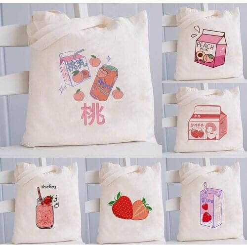 Student Canvas Tote Bag Cute Strawberry Print Eco Reusable Shopping Bag Bookbag Foldable Fashion Women Shoulder Travel Bags Gift