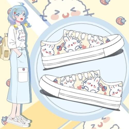 Amy and Michael Anime Cartoon Bunny Hand Painted Canvas Shoes Low Top Girls Students Flat Trainers Woman Vulcanize Shoes
