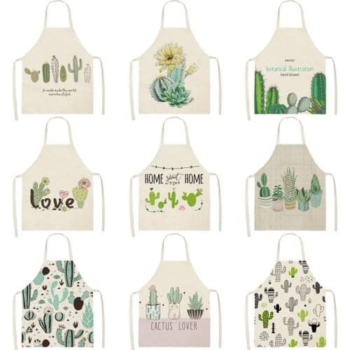 Cactus Plants Green Leaves Pattern Kitchen Aprons Home Cooking Baking Shop Cotton Linen Cleaning Apron WQ163