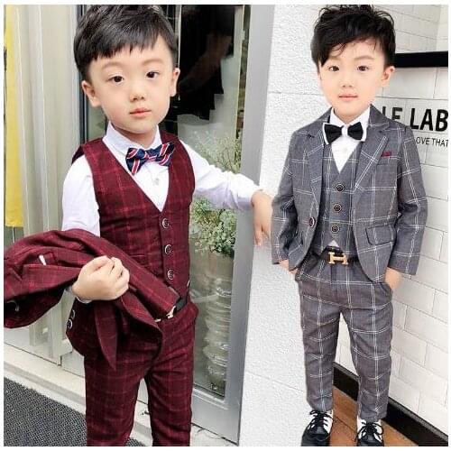 Summer Formal kids boys suits baby boy clothes suit for wedding tuxedo teenage party clothing 3 pcs/set plaid children costume