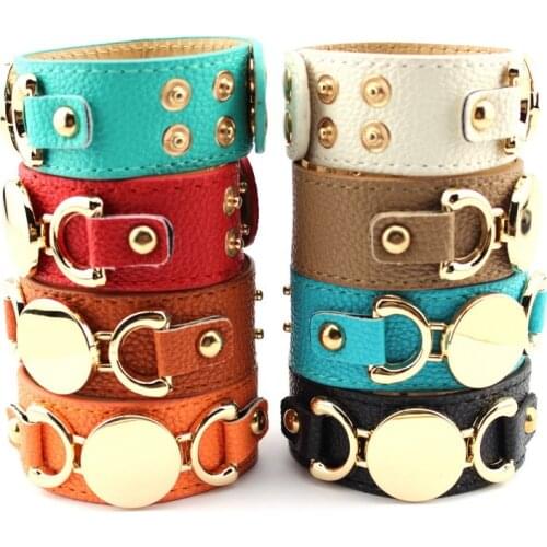 2016 New Style Monogram Leather Cuff Bracelets for Women Pulseras Blank Gold Plating Genuine Leather Bracelet Men Snap Jewelry