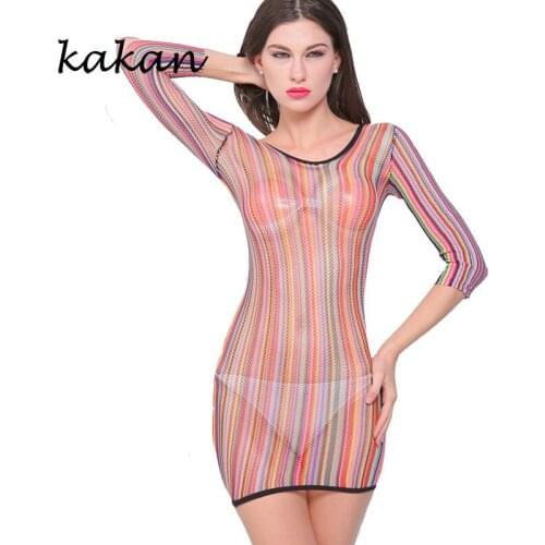 Kakan club party sexy nightclub dress high stretch tights hip hollow mesh transparent color sexy mesh round neck dress