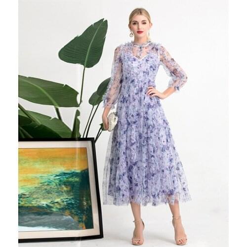 Early Autumn Purple Big Swing Print Agaric Lace Perspective Long Sleeve Cake Dress Woman Dress Women Boho Long Maxi Dress